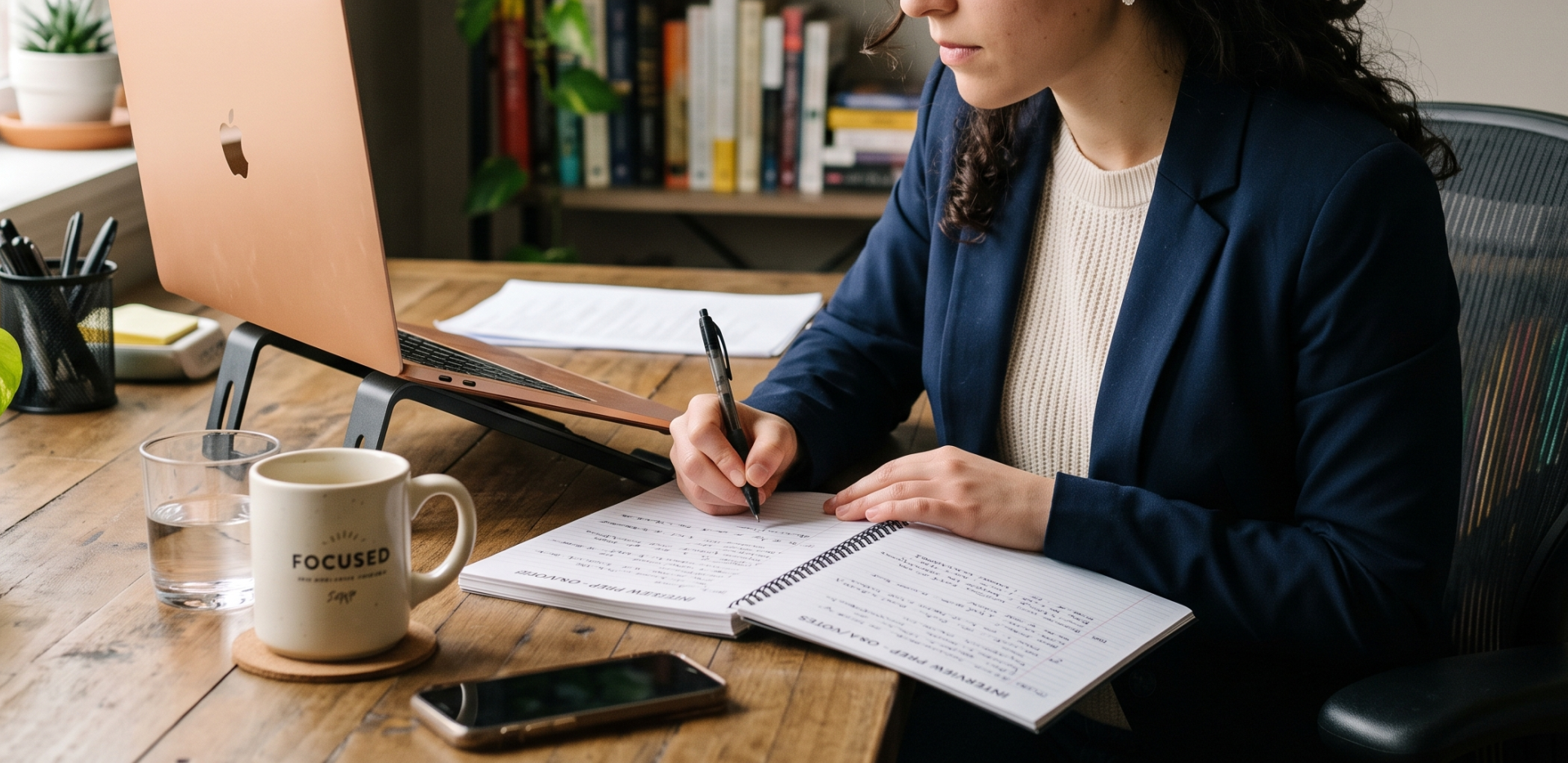 Person taking notes and preparing for an interview